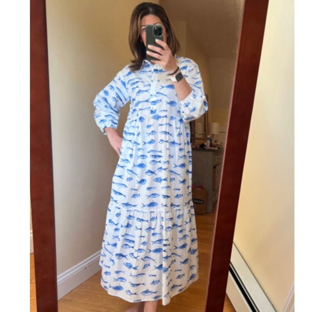 MAEVE The Bettina Shirt Dress in Ocean Blue Fish Size Small